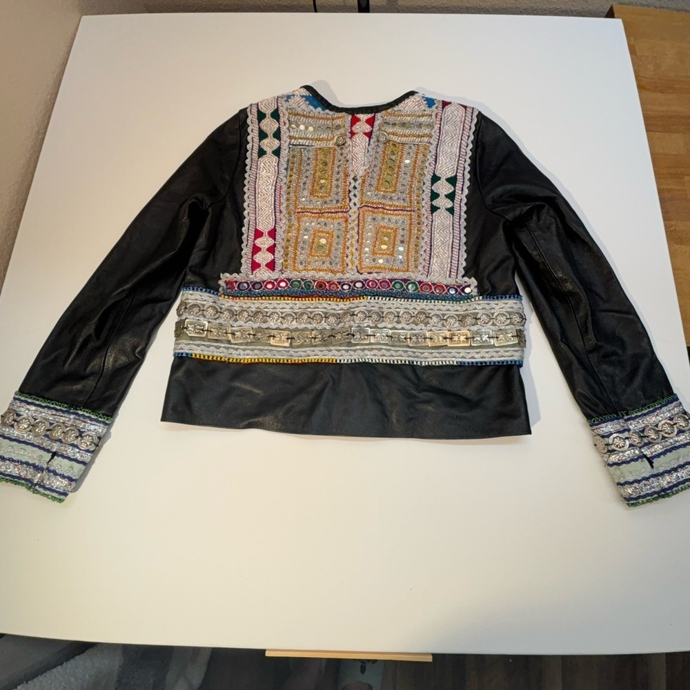 teté by Odette Embellished Leather Jacket Vintage Hmong Tribal OOAK Boho - Picture 8 of 16